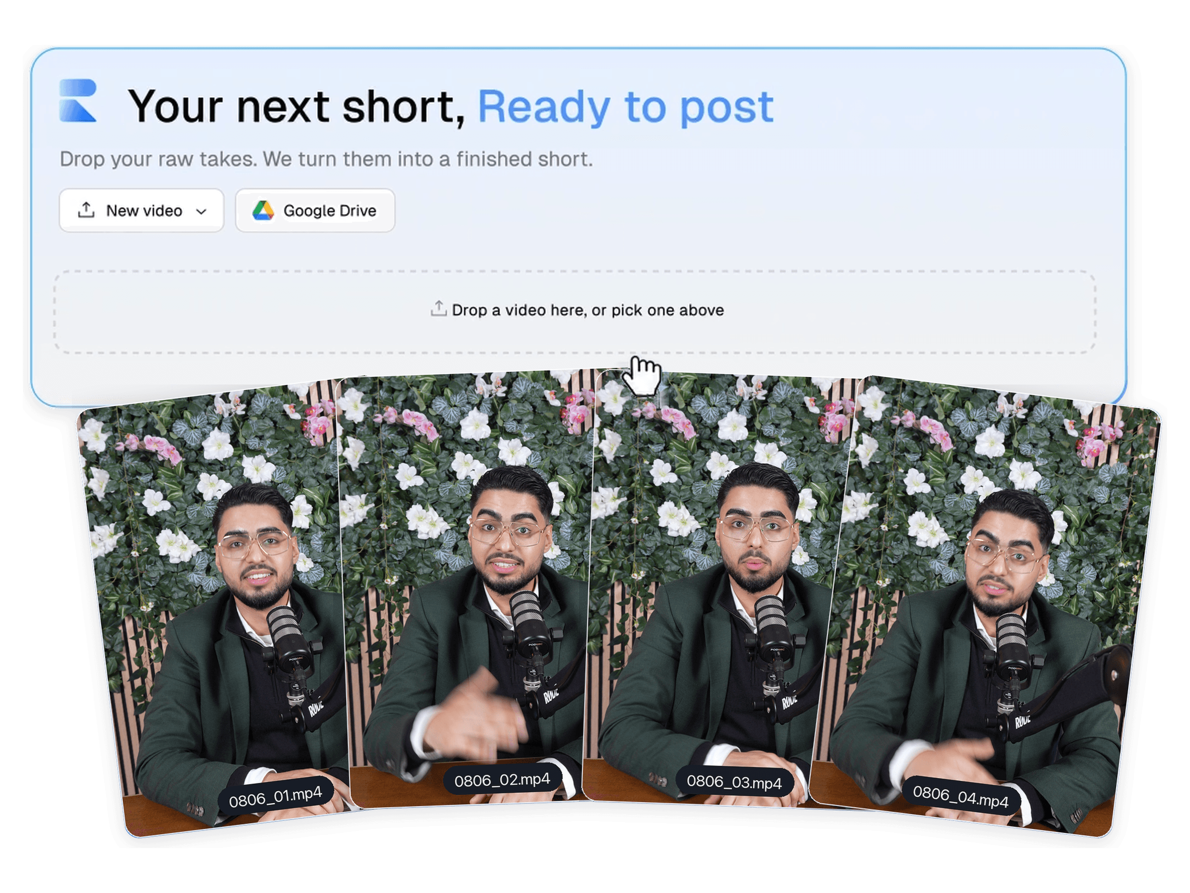 Raw takes uploaded in the ReadyForm AI short-form video editor