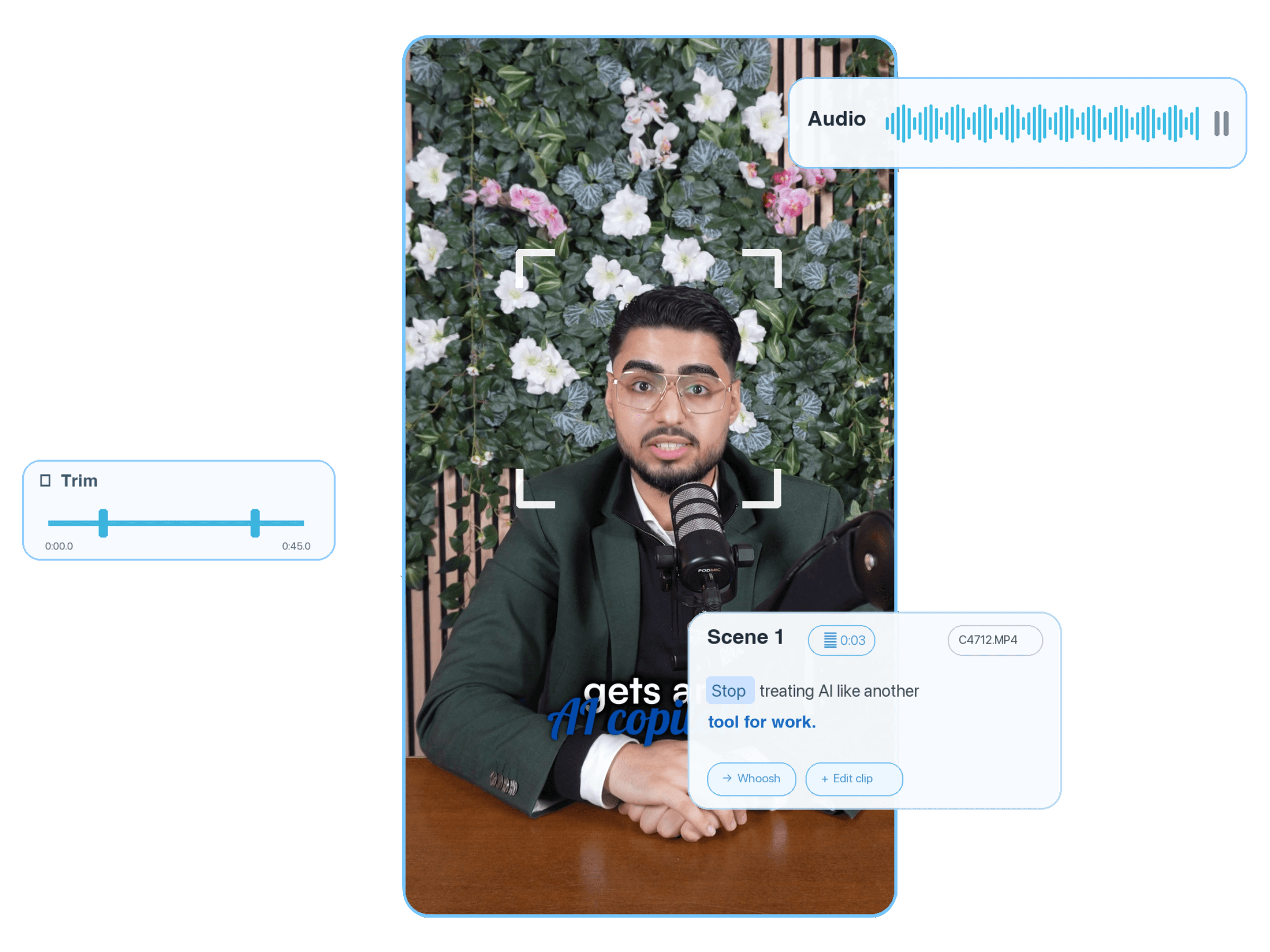 The automatic video editor at work: a scene with its transcript, trim and audio