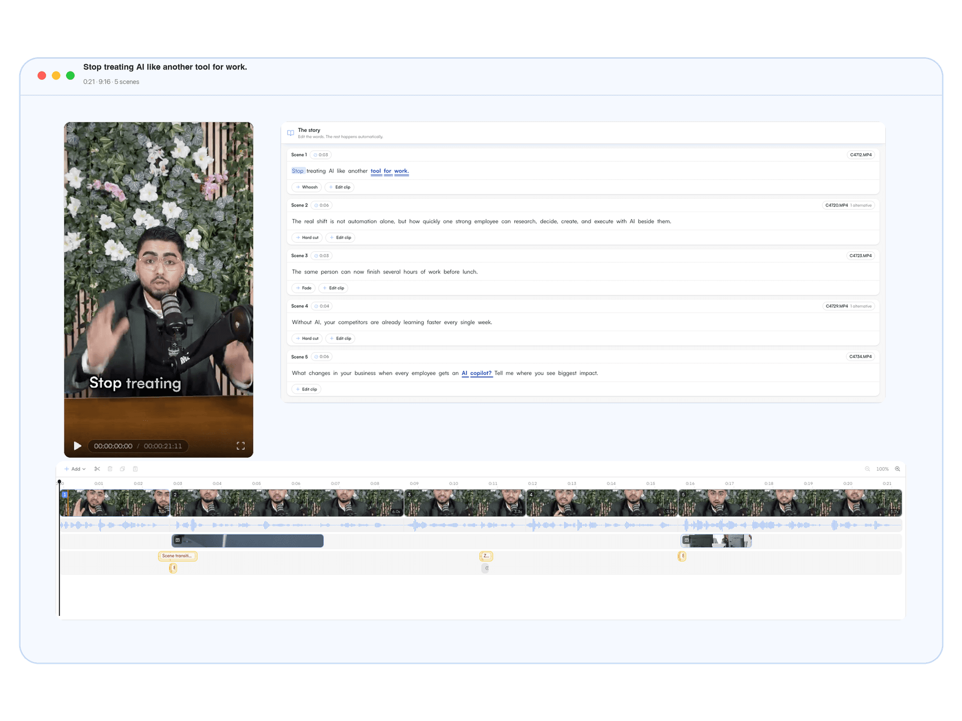 Scene-based video editor with the prepared timeline, transcript and caption styling